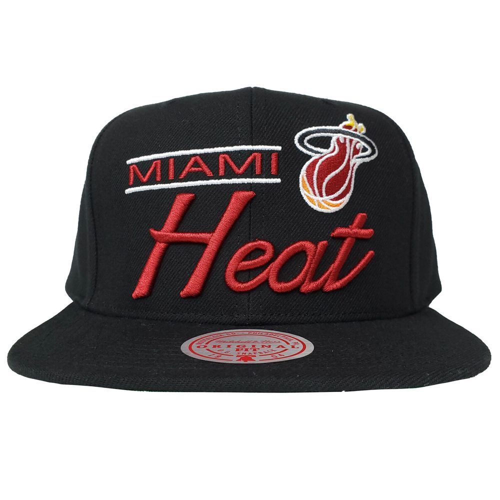 Miami Heat Mitchell & Ness NBA Snapback Hat Cap Script 3D Logo Black NWT
